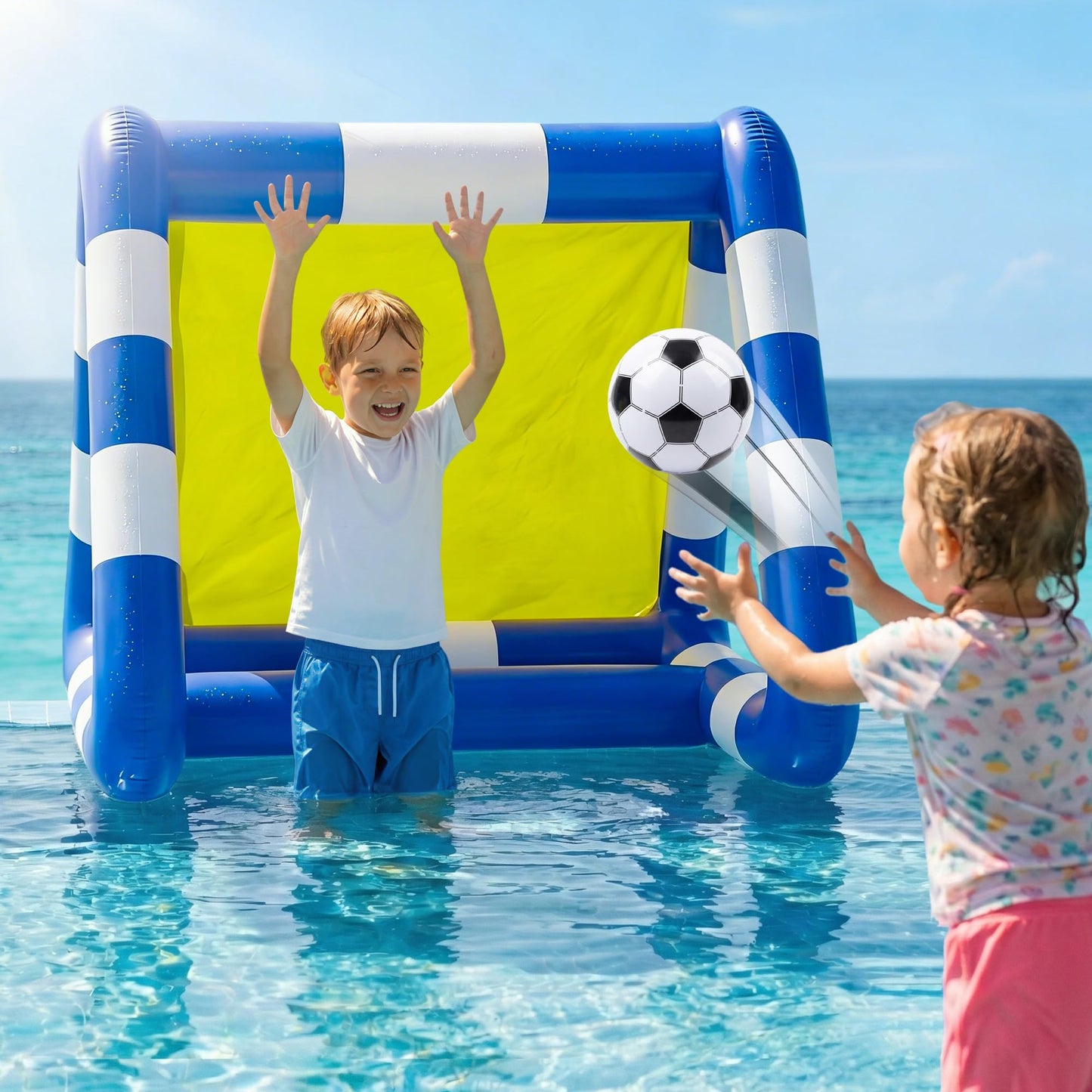 Funscape Kids Soccer Pool Toy, 2-in-1 Inflatable Float Soccer Goal & Ball Toss Water Game, Toddler Outdoor Football Backyard Game, Summer Beach Pool Party Gift 3 4 5 6 7 8 10 12 Year Old Boy Girl Teen