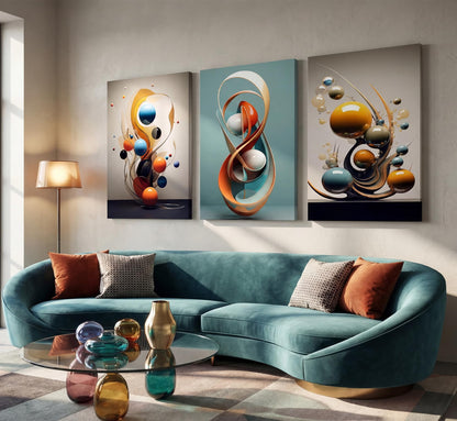 3pcs Modern Abstract Canvas Wall art Three-Dimensional Geometric Spheres Wall Decor Pictures Minimalist Medieval Posters Prints for Living Room Bedroom Office Home decorate Prepare to hang