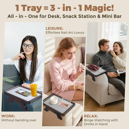 Tomlyop Couch Armrest Table, Foldable Bamboo Sofa Arm Tray for Couch with a Non-Slip Pad, Clip On Couch Arm Table for Remotes/Eatting/Drinks, Fits Sofa Armrest 3.5"-13.5" Brown