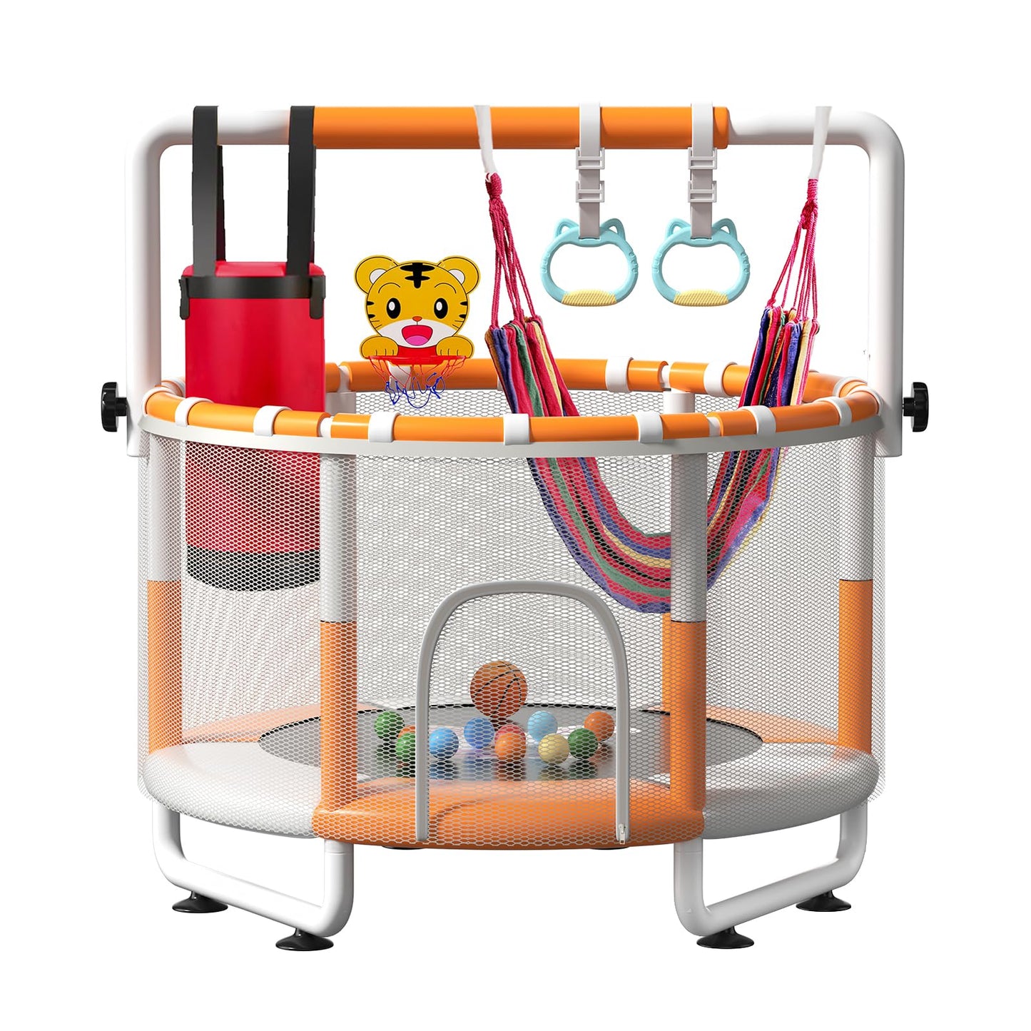 KINETRA 55" Kids Indoor Trampoline with Safety Net, Adjustable Gymnastics Bar & Toys – Indoor/Outdoor Toddler Play Gym for Boys & Girls Ages 3+, Birthday Gifts (White (Powder-Coated))