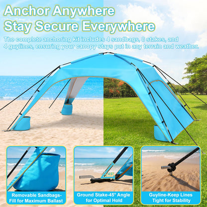 Beach Tent Sun Shelter for 6-8 Person, Beach Sun Shelter with UPF50+ UV Protection, Lightweight Beach Canopy, with Vent-to-Privacy Roll Curtain, Portable Shade Tent for Beach Camping Fishing