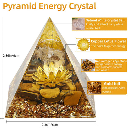 Hopeseed Orgone Pyramid Flower of Life Orgonite Money Healing Crystals Pyramid for Positive Energy with Tiger's Eye Stones and Luck White Crystal that Promotes Wealth, Prosperity and attracts Success