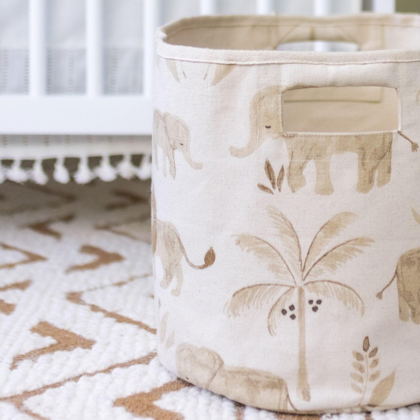 Crane Baby Fabric Round Nursery Storage Basket, Toy Storage, Safari Animal, 13"x12", Toy Basket, Baby Storage Organizer, Toy Organizers and Storage Bins, Baby Organizers and Storage, Toy Bins