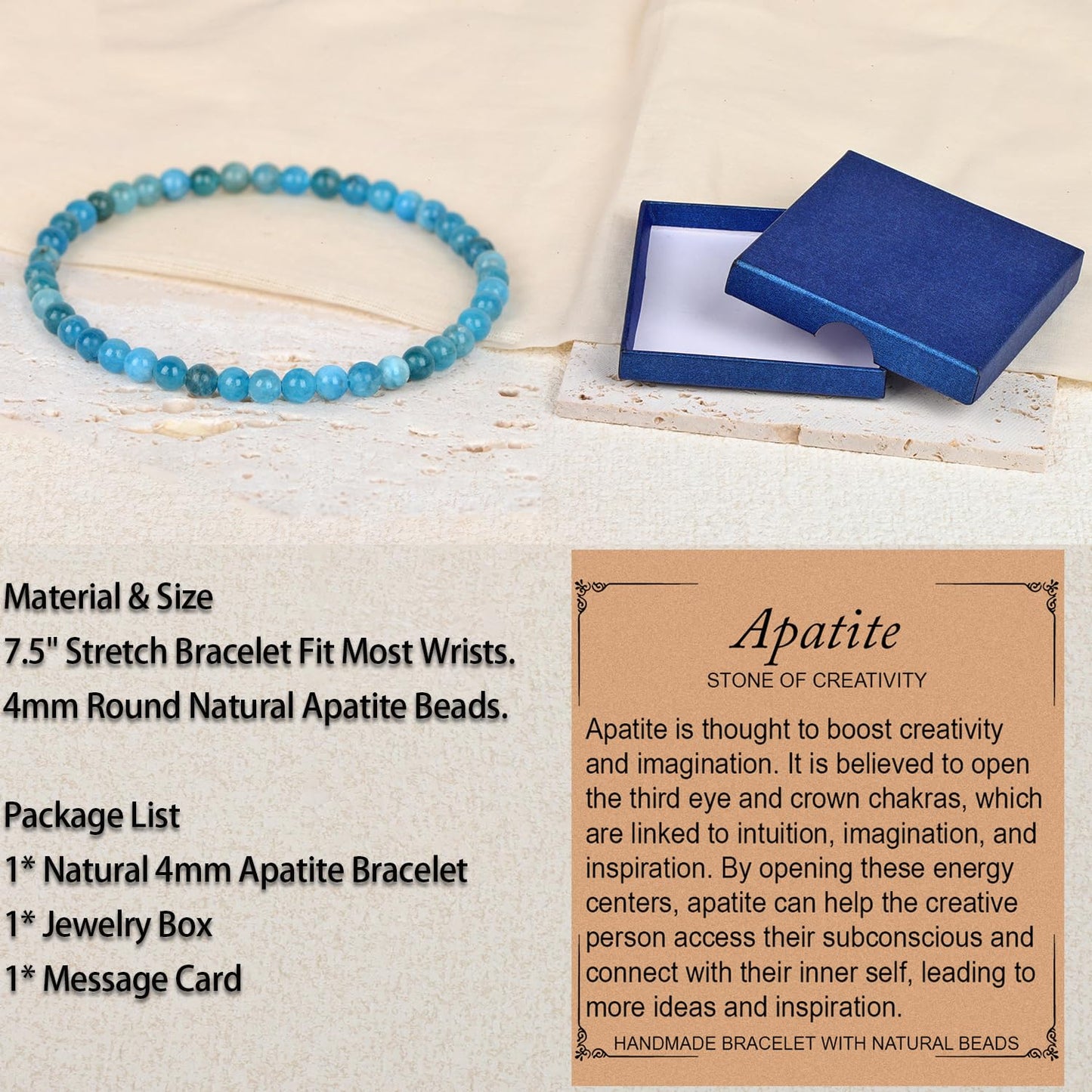 LPBeads Handmade Natural Gemstone Stretch Elastic 4mm Blue Apatite Bracelet Healing Crystal Round Stone Beads Jewelry Gifts for Women Men