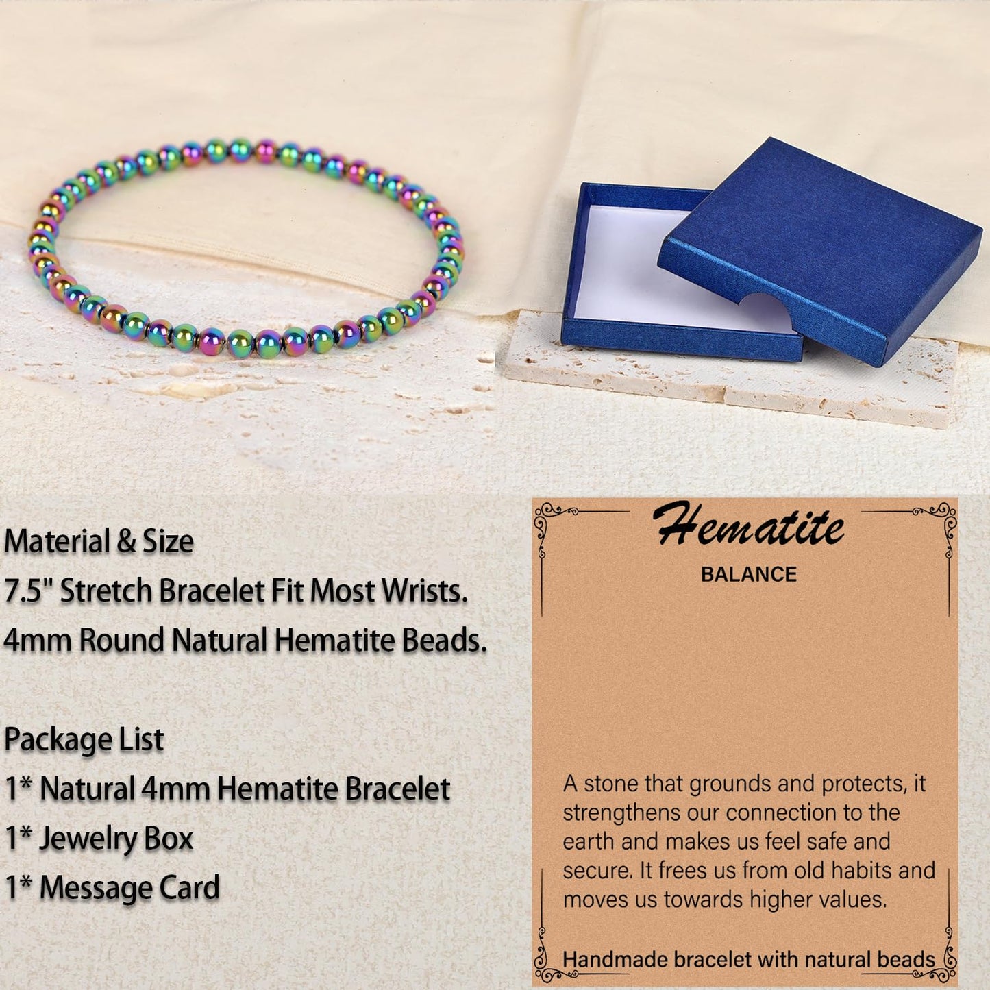 LPBeads Handmade Natural Gemstone Stretch Elastic 4mm Rainbow Coated Hematite Bracelet Healing Crystal Round Stone Beads Jewelry Gifts for Women Men