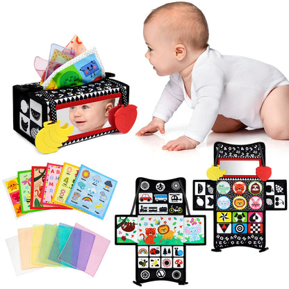 Dr.Rapeti Tummy Time Mirror, Tissue Box Toy, 3in1 Black and White High Contrast, Double-Sided Foldable Sensory Montessori Toy, Crinkle Silk Scarves Teethers 0-6 6-12 Month Newborn Infant Baby