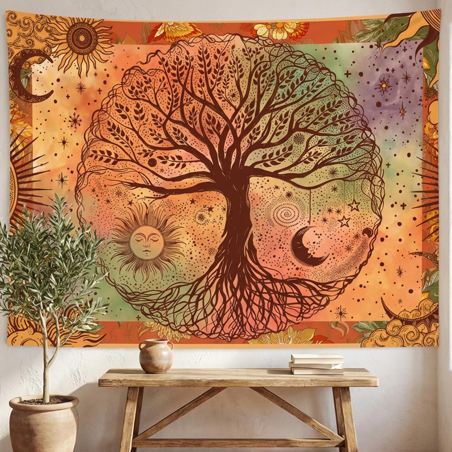 Lifeel Boho Orange Tree of Life Tapestry, Sun Moon Stars Aesthetic Nature Tapestries Home Decor for Living Room Bedroom, 36x48 inches