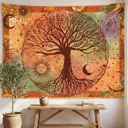 Lifeel Boho Orange Tree of Life Tapestry, Sun Moon Stars Aesthetic Nature Tapestries Home Decor for Living Room Bedroom, 36x48 inches