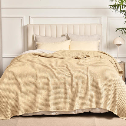 PHF 400GSM 100% Washed Cotton Waffle Weave Blanket, Cozy Breathable Skin-Friendly Throw King Size for All Season, Luxury Fall Layer Bedspread for Couch Bed Sofa, Elegant Home Decor,Beige,104"x90"
