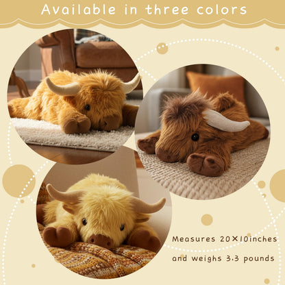 Highland Cow Plush Toy, 4-Pound Weighted Stuffed Animal, Microwaveable and Coolable - Suitable for Boys and Girls (Brown)