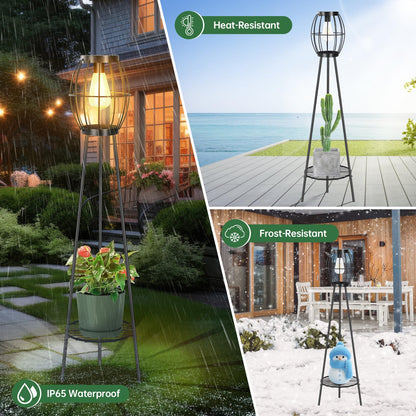 FQIIL 2 Pack Solar Lights Outdoor with Plant Stands, Solar Floor Lamp, Solar Powered Street Light Metal Tripod Deck Lights, Patio Decor for Garden Yard Pathway Driveway Porch