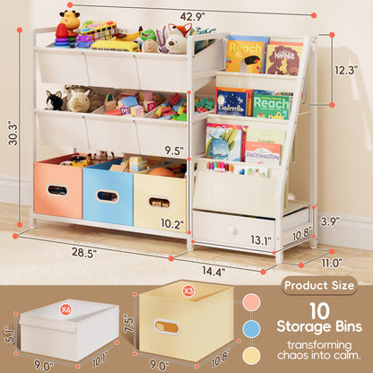 HAVLOTII Toy Storage Organizer - Kids Bookshelf and Toy Storage with 3 Book Shelf and 10 Storage Bins, Montessori Playroom Storage for Toddler, Baby, Book Shelf for Kids Rooms