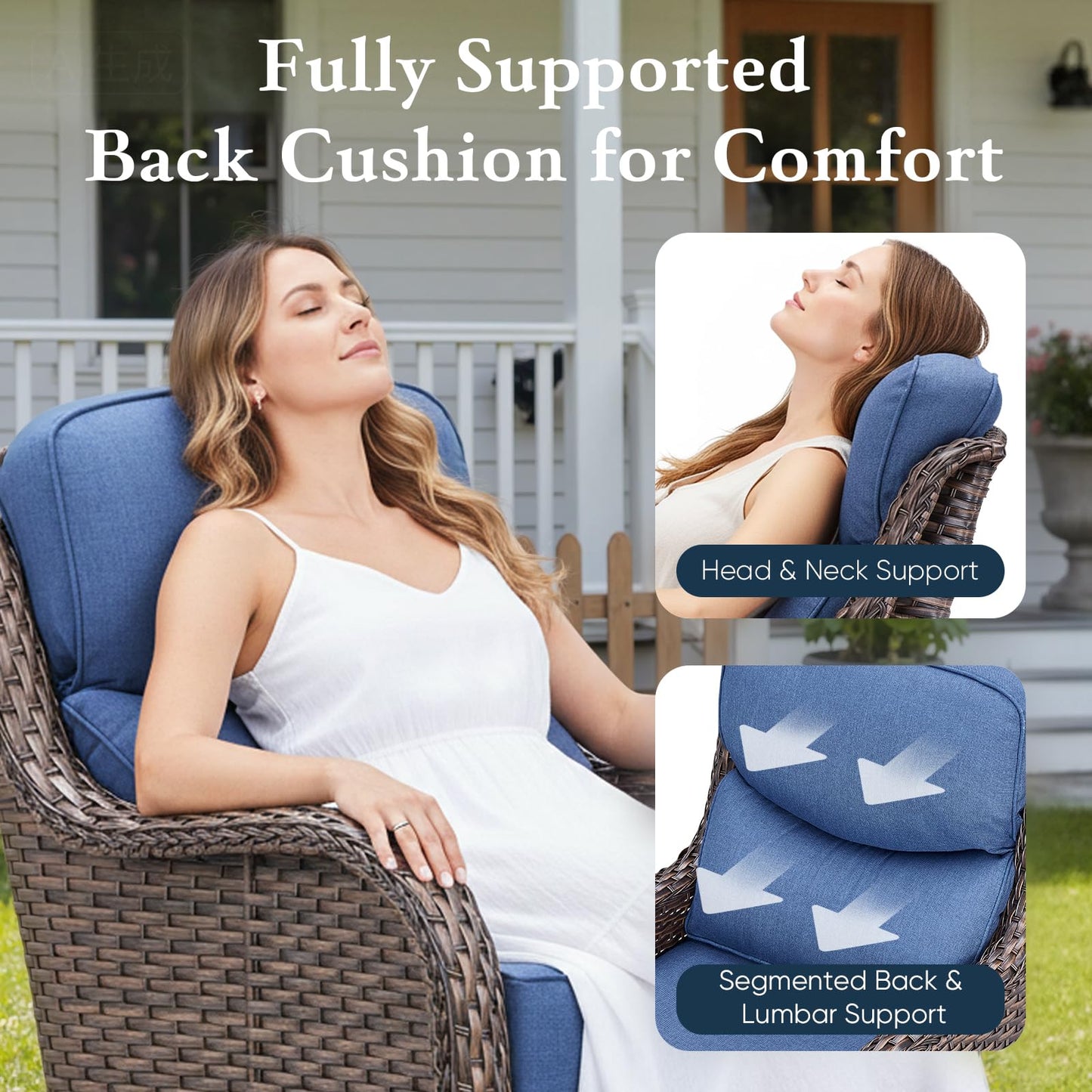 Belord Luxury 6" Thick Cushioned 10 Pieces Patio Furniture Set with Fire Pit Table, Wicker Outdoor Conversation Set with High Back Swivel Rocker Chairs for Deck Porch Yard and Poolside - Brown+Blue