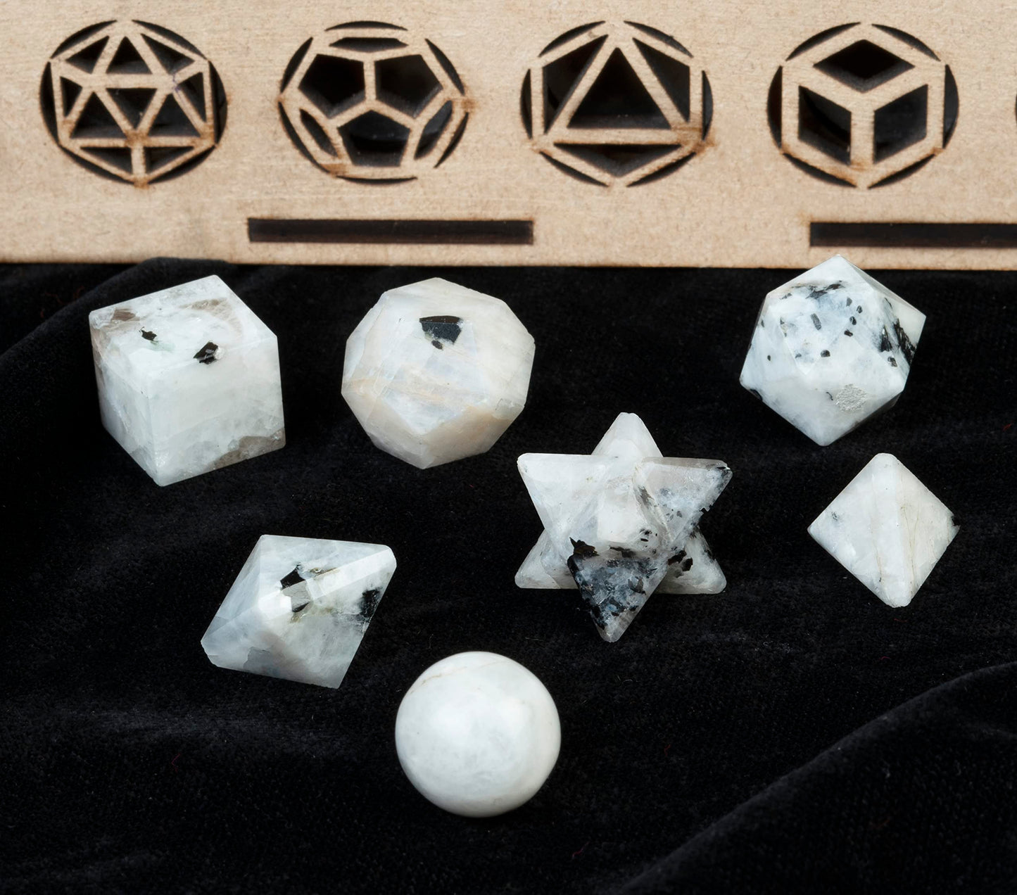 ZAICUS Rainbow Moonstone 7 Pcs Platonic Solids Crystal Geometry Set, Platonic Solids Sacred Geometric Stones for Meditation Healing Chakra Stone Cleansing Spiritual Good Luck (15-20 mm)