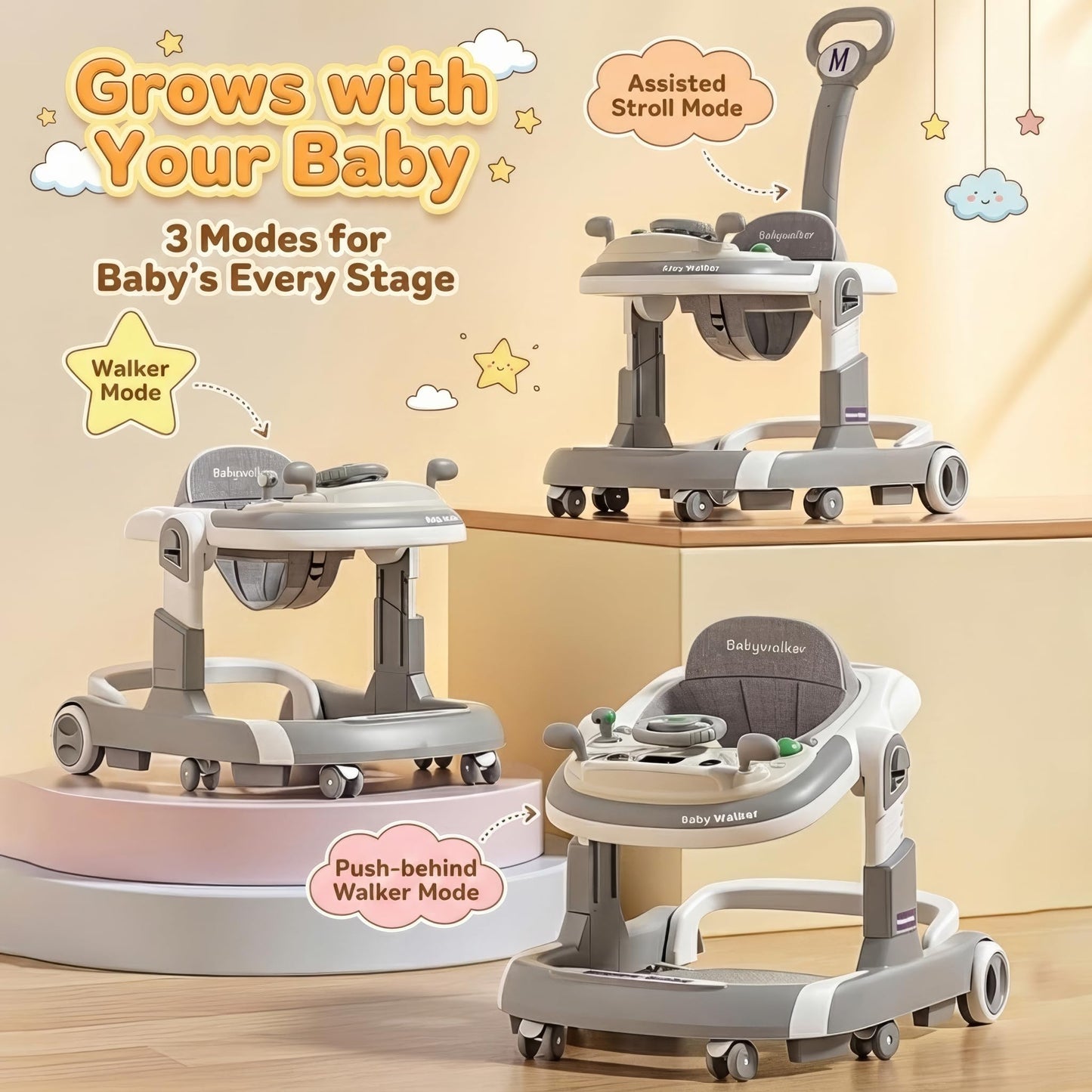 3-in-1 Foldable Baby Walker - Music Car-Themed Walker with Wheels and Bouncing Foot Mat, Push-Behind Walker, Baby Walker with Sheds Design for Outdoor, for Infant Boys & Girls 6-18 Months (Grey)