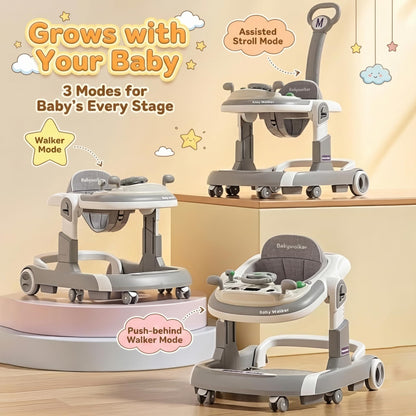 3-in-1 Foldable Baby Walker - Music Car-Themed Walker with Wheels and Bouncing Foot Mat, Push-Behind Walker, Baby Walker with Sheds Design for Outdoor, for Infant Boys & Girls 6-18 Months (Grey)