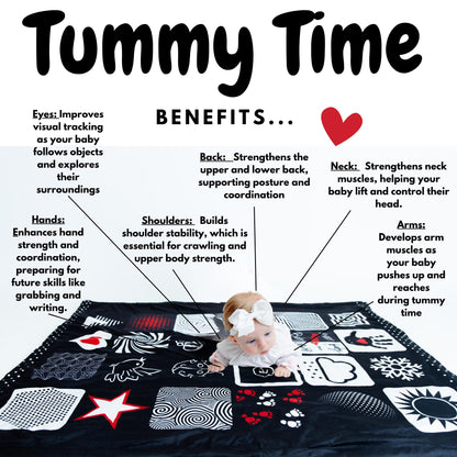 Baby Tummy Time Mat – High Contrast Black White Red Sensory Play Blanket for Newborn Visual Development, Infant Floor Play Area with Sherpa Backing, 50” x 60”