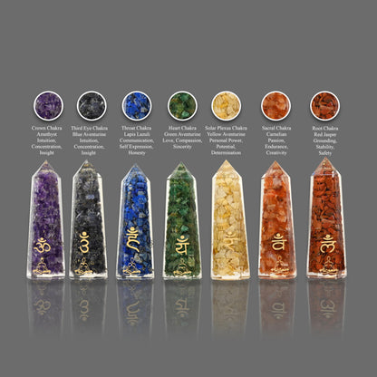 Orgonite 7 Chakra Healing Crystal Wand Set – Includes Amethyst, Lapis Lazuli, Sodalite,Peach Aventurine, Golden Quartz, Green Aventruine, Red Jasper (Chakra Sanskrit)