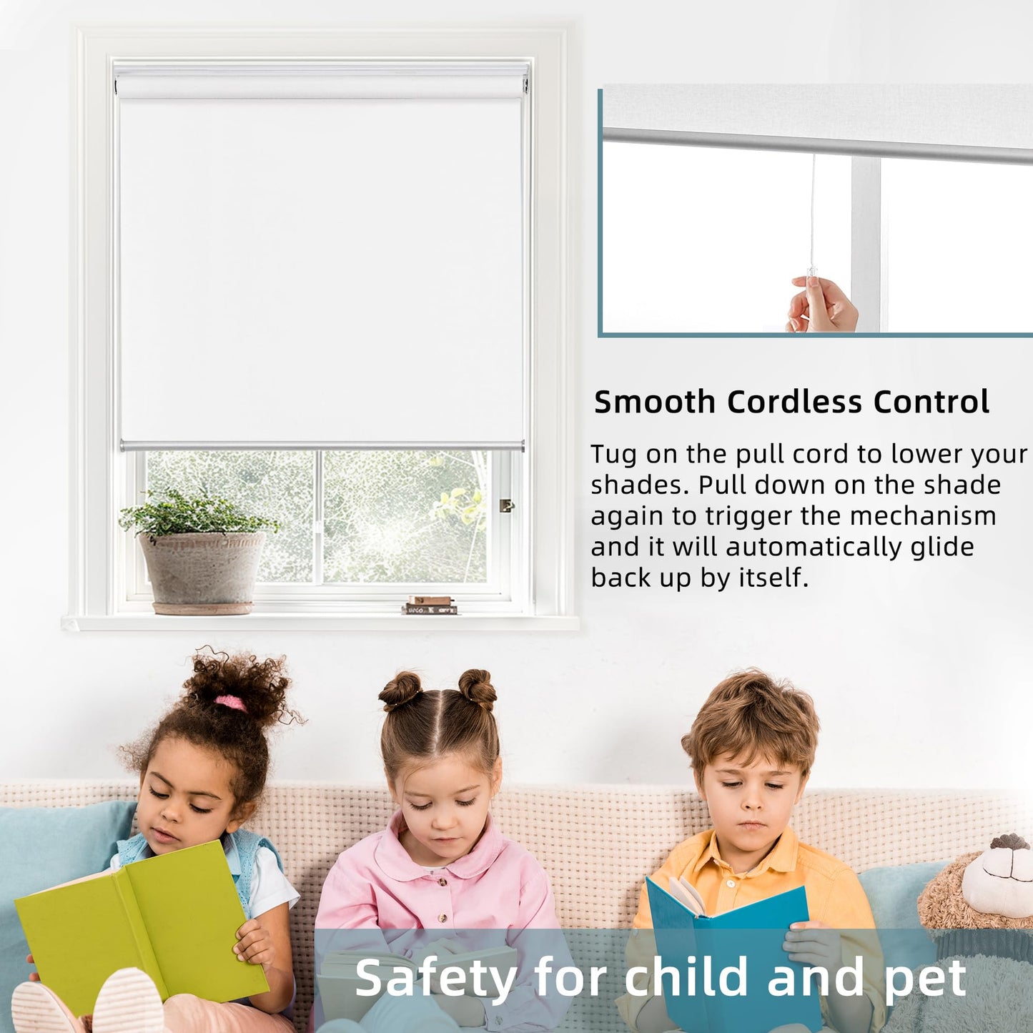 ChrisDowa Cordless 100% Blackout Roller Shade, with Striped Jacquard, Thermal Insulated, UV Protection Fabric, Total Blackout Blinds for Window, French Doors, Home and Office. White, 36" W x 72" H