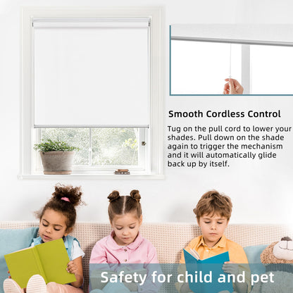 ChrisDowa Cordless 100% Blackout Roller Shade, with Striped Jacquard, Thermal Insulated, UV Protection Fabric, Total Blackout Blinds for Window, French Doors, Home and Office. White, 36" W x 72" H