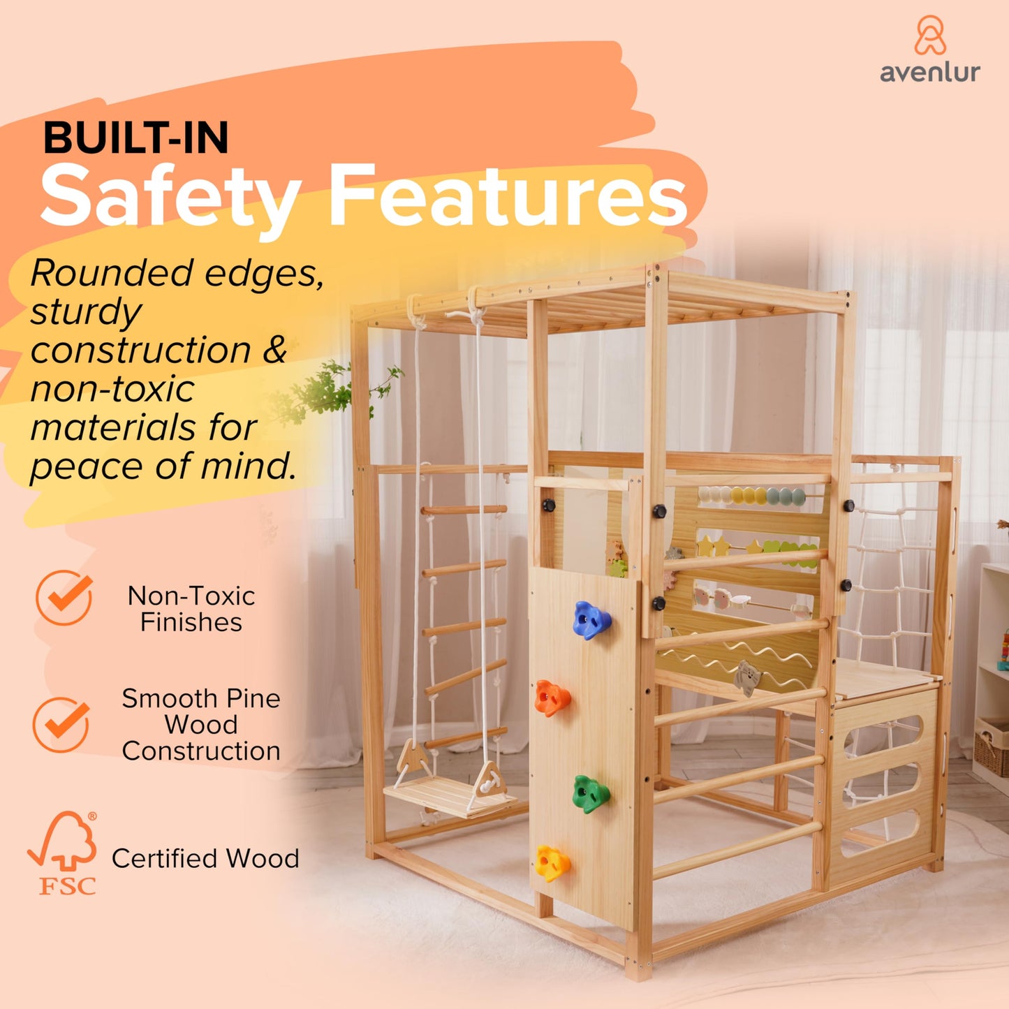 Avenlur Montessori Gym Alpine Wooden Jungle Gym with Indoor Swing, Toddler & Baby Climbing Toys, Rock Wall Perfect for Active Fun & Skill Development, Ages 2-8