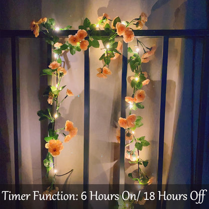 Fielegen Artificial Flower Garland with 20 LED String Lights, 6FT Hanging Rose Flower Vine Garland Decorations for Garden Wedding Flower Table Decor Birthday Party Indoor Bedroom Wall Room