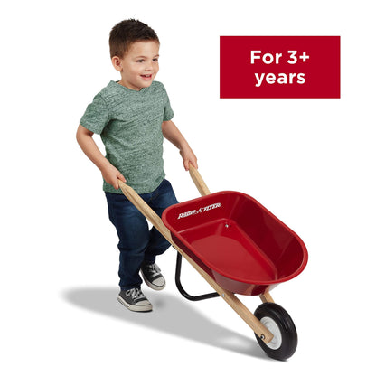 Radio Flyer Classic Kids Wheelbarrow, For Kids 3+, Seamless Steel Tray with No-Scratch Edges, Real Wooden Handles, Durable Front Wheel, Steel Undercarriage, 25 lb Capacity, Garden Toy for Children
