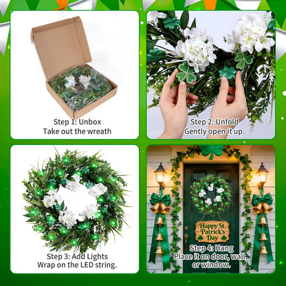 22" st Patricks Day Wreaths for Front Door, Green Shamrock & White Hydrangea Artificial Wreaths with LED Lights, Spring Holiday Wreath for Wall Window Porch Home Decor