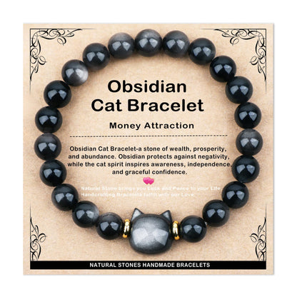 AD Beads 8mm Handmade Obsidian Cat Bracelet Elastic Bracelet – Natural Gemstone for Money Attraction – Meditation, Yoga, Healing and Energy Gift for Men Women