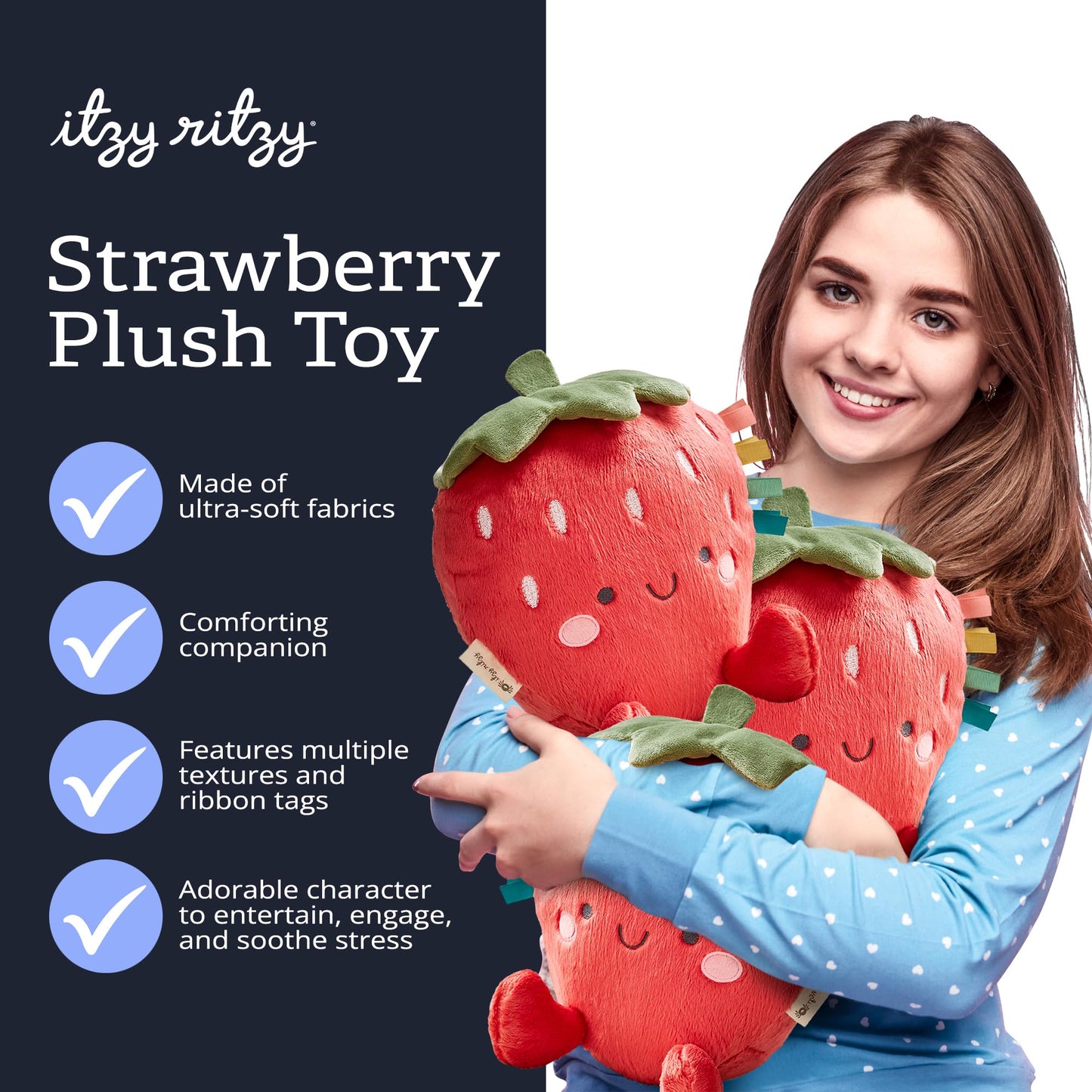 Itzy Ritzy Snuggles Plush Toy – Soft Stuffed Animal for Babies, Kids & Adults – Sensory Ribbons & Textured Fabrics for Tactile Play – Cozy & Cuddly Companion for Newborns & Up (Strawberry)