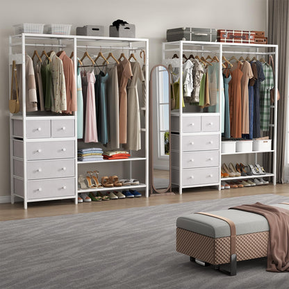 Auromie Clothes Rack with 5 Drawers & 4 Storage Shelves, 59.1W*70.9H Heavy Duty Clothing Rack with 2 Hanging Rods, Wardrobe Closet Organizer System with 5 Hooks, Freestanding Garment Rack (White)