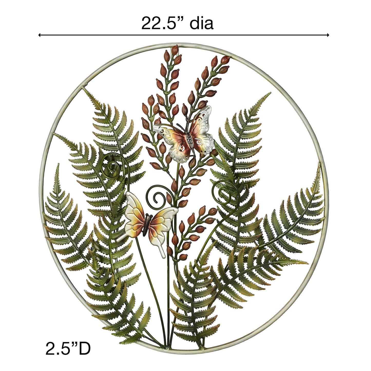 Fern Leaf Nature Metal Wall Sculpture | Handpainted Green, Brown, Ivory, and Gold Earth Tones | Dimensional Textured Botanical Fern Frond Round Wall Art | Textured Metallic Butterfly Circle Wall Decor