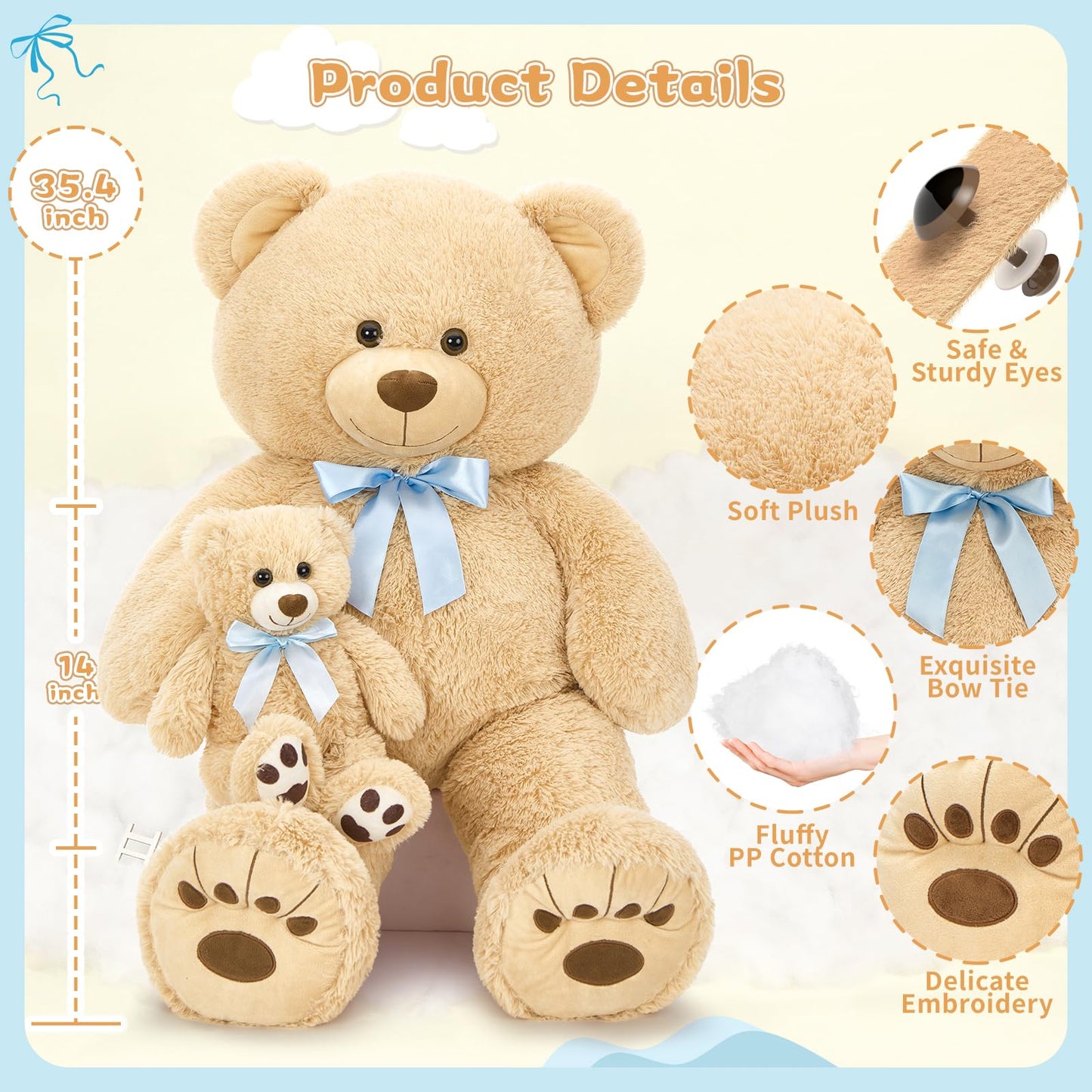 MorisMos Giant Teddy Bear Stuffed Animal with Baby Bears,35.4'' Big Mommy Stuffed Bear,3 Small Bulk Teddy Bear Stuffed Animals for Baby Shower Birthday, 4-Pack Brown Bear Toys for Kids Mom Girlfriends
