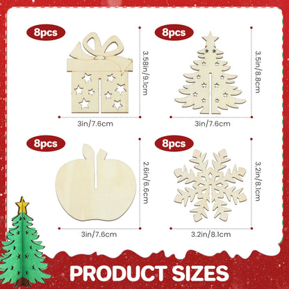 BENIMUS DIY 3D Christmas Wood Crafts to Paint, Unfinished Wooden Table Decorations, Wooden Slices Christmas Decor Cutouts Ornaments for Painting Decorations (32 PCS)