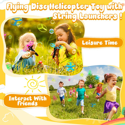 Meooeck Disk Helicopter Toy Disco Flyers Include 12 String Launchers and 24 Flying Saucer Disk Launcher Toy Fly Toys for Outdoor Activity Little Teens Birthday Party Favors(36 Pcs)