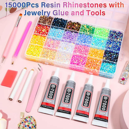 Audab Multicolor 4mm AB Rhinestone Kit with 16000pcs, 4pcs B7000 Jewelry Glue, Tools for Bedazzling Crafting, Graduation Cap, Jewelry, Shoes & Nails