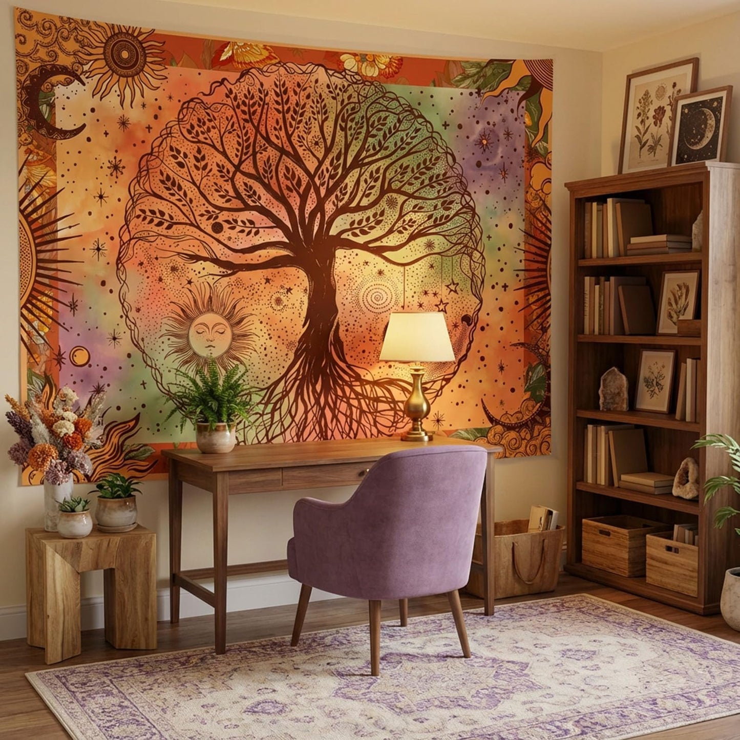 Lifeel Boho Orange Tree of Life Tapestry, Sun Moon Stars Aesthetic Nature Tapestries Home Decor for Living Room Bedroom, 36x48 inches