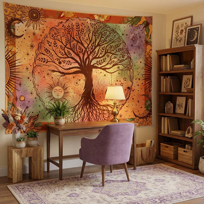 Lifeel Boho Orange Tree of Life Tapestry, Sun Moon Stars Aesthetic Nature Tapestries Home Decor for Living Room Bedroom, 36x48 inches