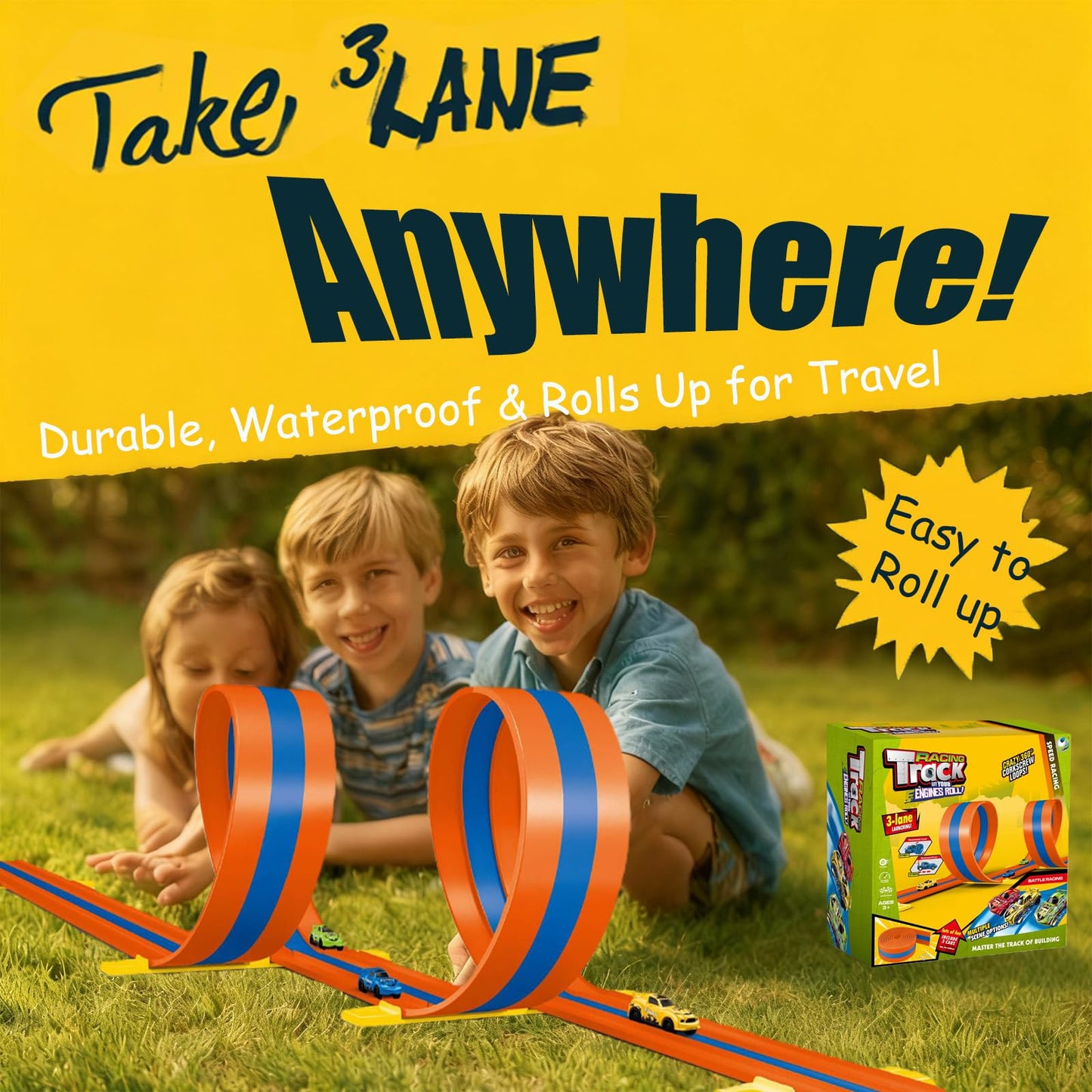 Flexible Race Track 3-Lane 15ft Race Car Track Compatible with Diecast 1/64 Scale Cars, Flexible Car Track Race Ramp Toy with Strong Suction Cups