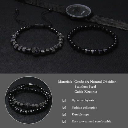 Men's Beaded Bracelets - 6mm Obsidian Stainless Steel Bracelet With Cubic Zirconia Beads - Adjustable Bracelet Set for Couples, Boyfriend, Husband (Black)
