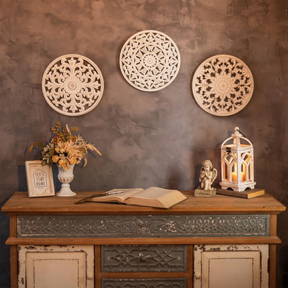 Walasis White Wall Decor Carved Medallion - Rustic Wood Wall Art Decorative Distressed Hanging Decorations Farmhouse Home Decoration for Living Room Bedroom Kitchen Bathroom Set of 3