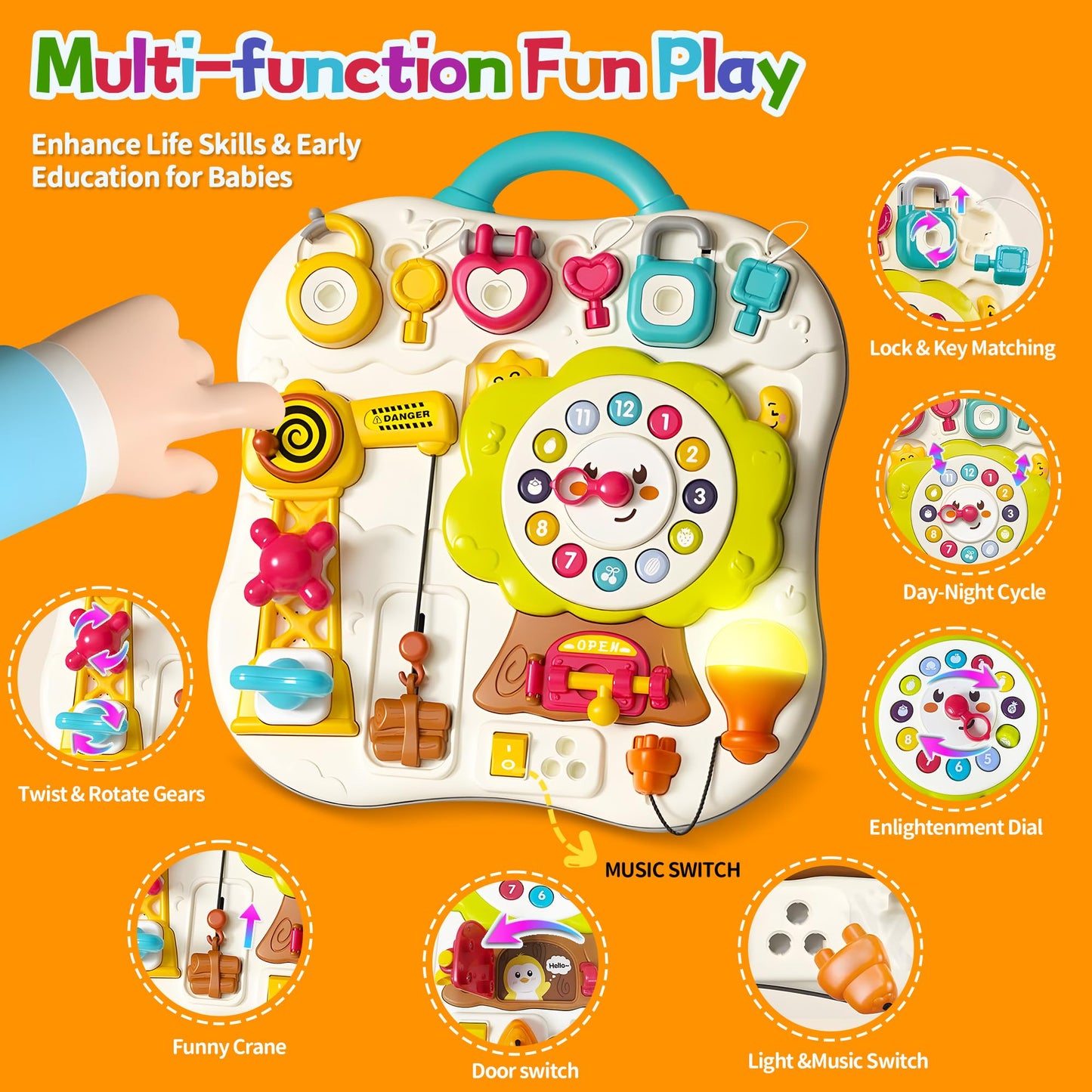 ROHSCE 2025 New Montessori Busy Board Sensory Toys for Toddlers 1-3, 13 Activity Music & Led Light Up Montessori Toys for 2+ Year Old, Birthday Gifts for Toddlers, Travel Toys for 2 Year Old