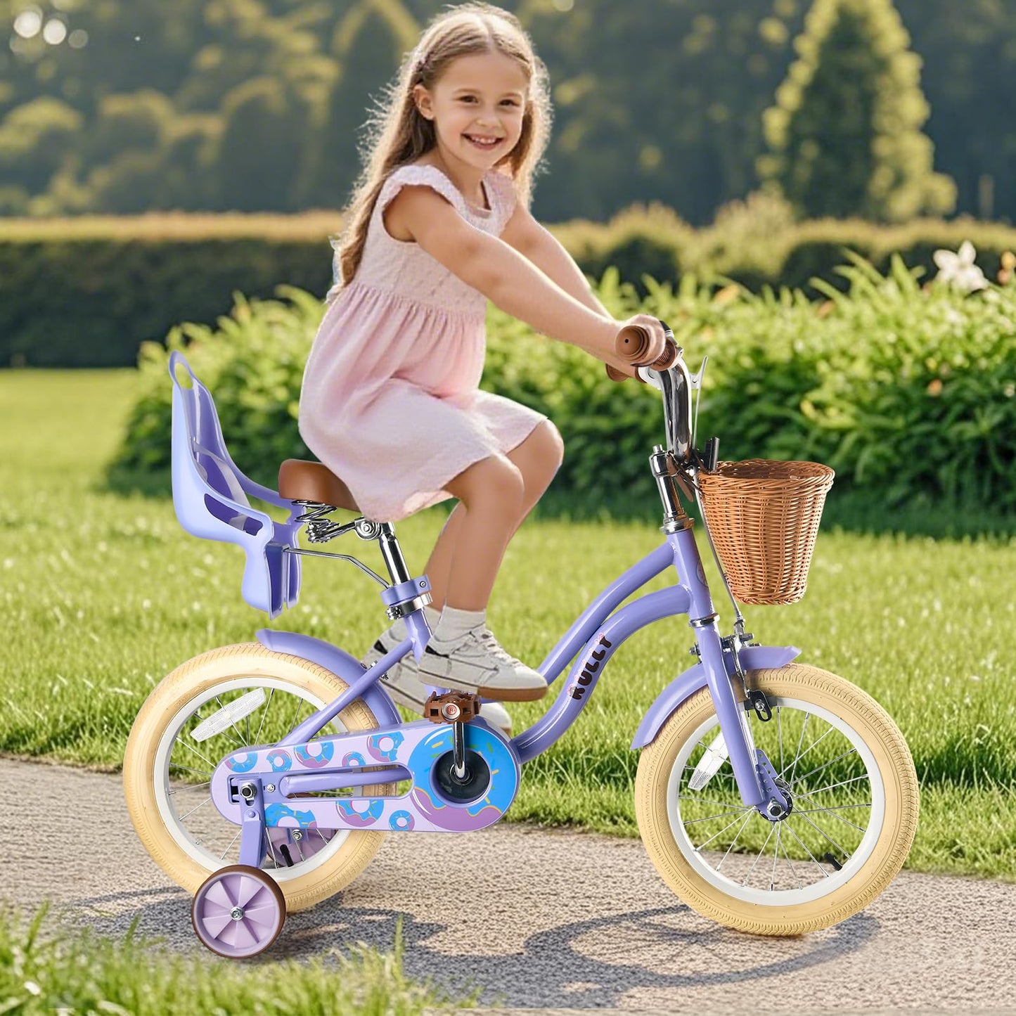 RULLY 16 Inch Kids Bike for Girls, Children’s Bicycle with Training Wheels, Basket & Doll Seat, Adjustable Seat Height, Toddler Bike for Ages 4–7 – Purple