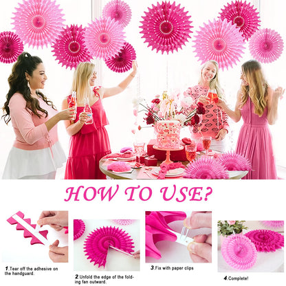 SUNBEAUTY Hanging Honeycomb Paper Fans, 12Pcs Hot Pink Hanging Tissue Paper Flowers Party Decorations for Wall, Pink Birthday Paper Decor for Baby Shower, Graduations, Bachelorette, Wedding, Room