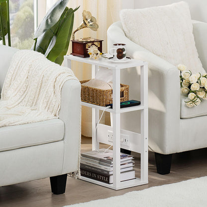 YUFAM 3-Tier Small Narrow Wood Side Table with Charging Station, Skinny Nightstand for Small Space, Slim Bedside Table with Storage for Couch, Thin End Table with USB Ports and Outlets, White