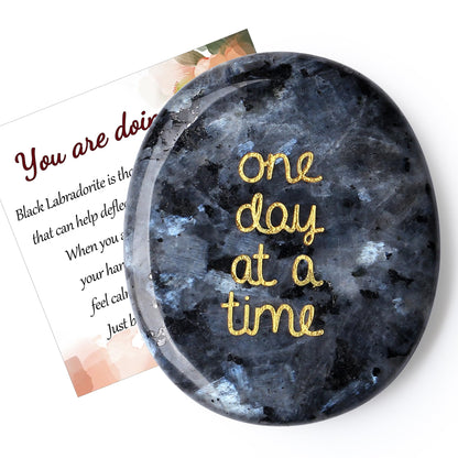 QINJIEJIE One Day at A Time Black Labradorite Worry Stone Healing Crystal Thumb Thinking of You Gifts for Anxiety Relief Items You Got This Inspirational for Friend Encouragement Gift for Women Men