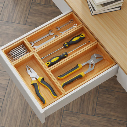HUCINIUN Bamboo Drawer Organizer Boxes, 5 PCS Junk Drawer Organizer, Wooden Storage Trays for Kitchen, Bathroom, Office, Makeup