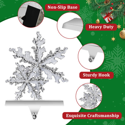 Loncaster Stocking Holders for Mantle Set of 2, Snowflakes Christmas 3D Stocking Hangers for Mantel with Shiny Metal & Glitter, Christmas Stocking Holder for Fireplace, Shelf, Tabletop (Sliver)