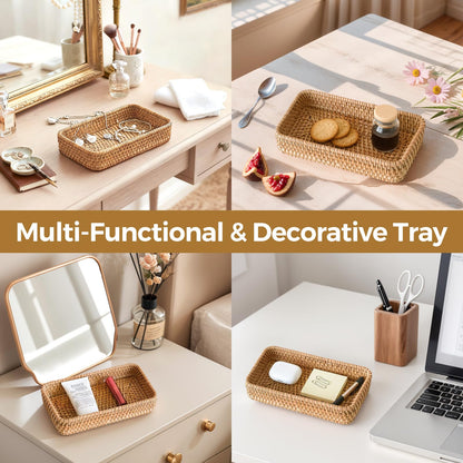 Small Rattan Serving Tray, Woven Rectangle Traykey Bowl for entryway, Natural Wicker Trays Key Bowl Decorative Baskets for Coffee Table, Kitchen, Bathroom