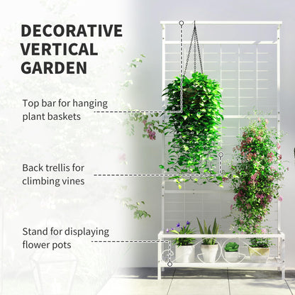 Outsunny Tall Plant Stand with Trellis and Hanging Bar, Metal Plant Holder Flower Stand for Vine Climbing Plants Flowers Indoor Outdoor Use, 36" x 12.8" x 74", White